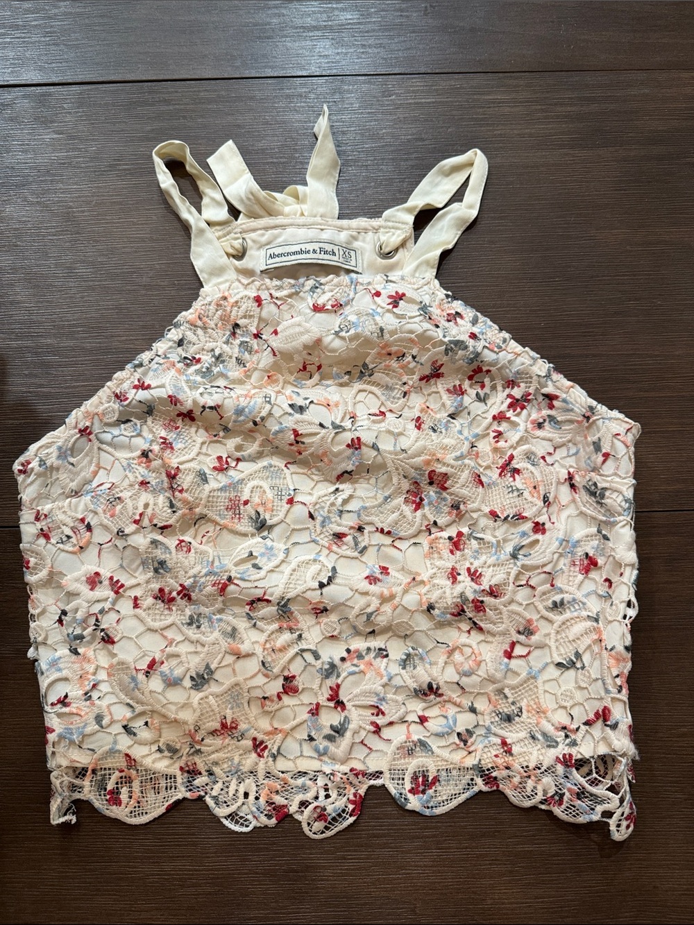 Abercrombie & Fitch Cream Lace Halter Crop with Red and Blue Floral Embroidery